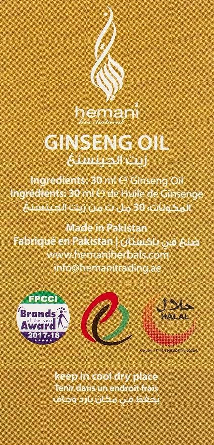 Hemani Ginseng Oil 30ml, Aceite de Ginseng, 100% Natural Herbal Ginseng Serum for Hair and Skin Care, Premium Ginseng Oil for Nourishing and Revitalizing Hair & Skin