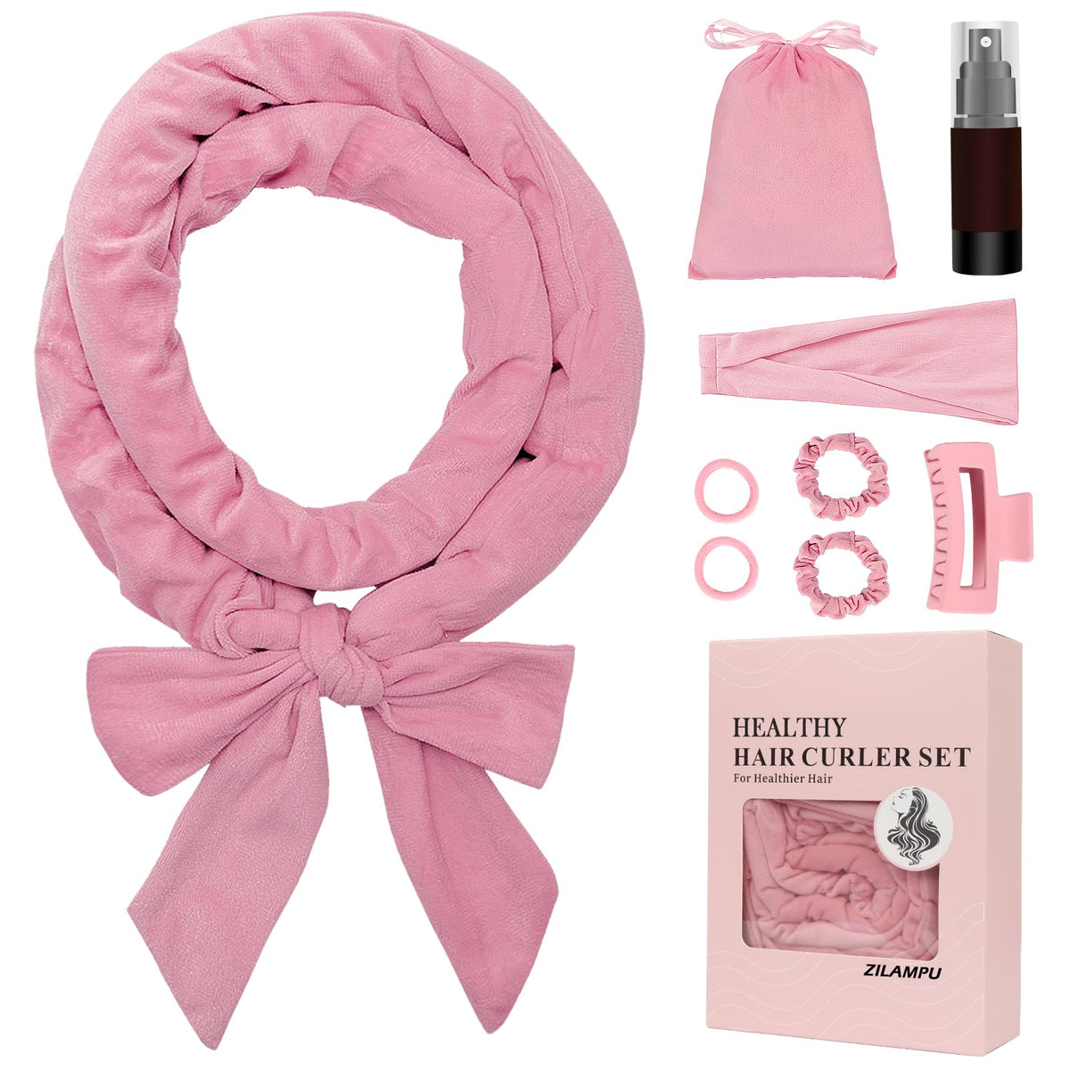 ZILAMPU No Heat Overnight Hair Curler Wrap - 70" Long Velour Lazy Curls Roller Headband for Long Hair to Sleep In for Women and Girls