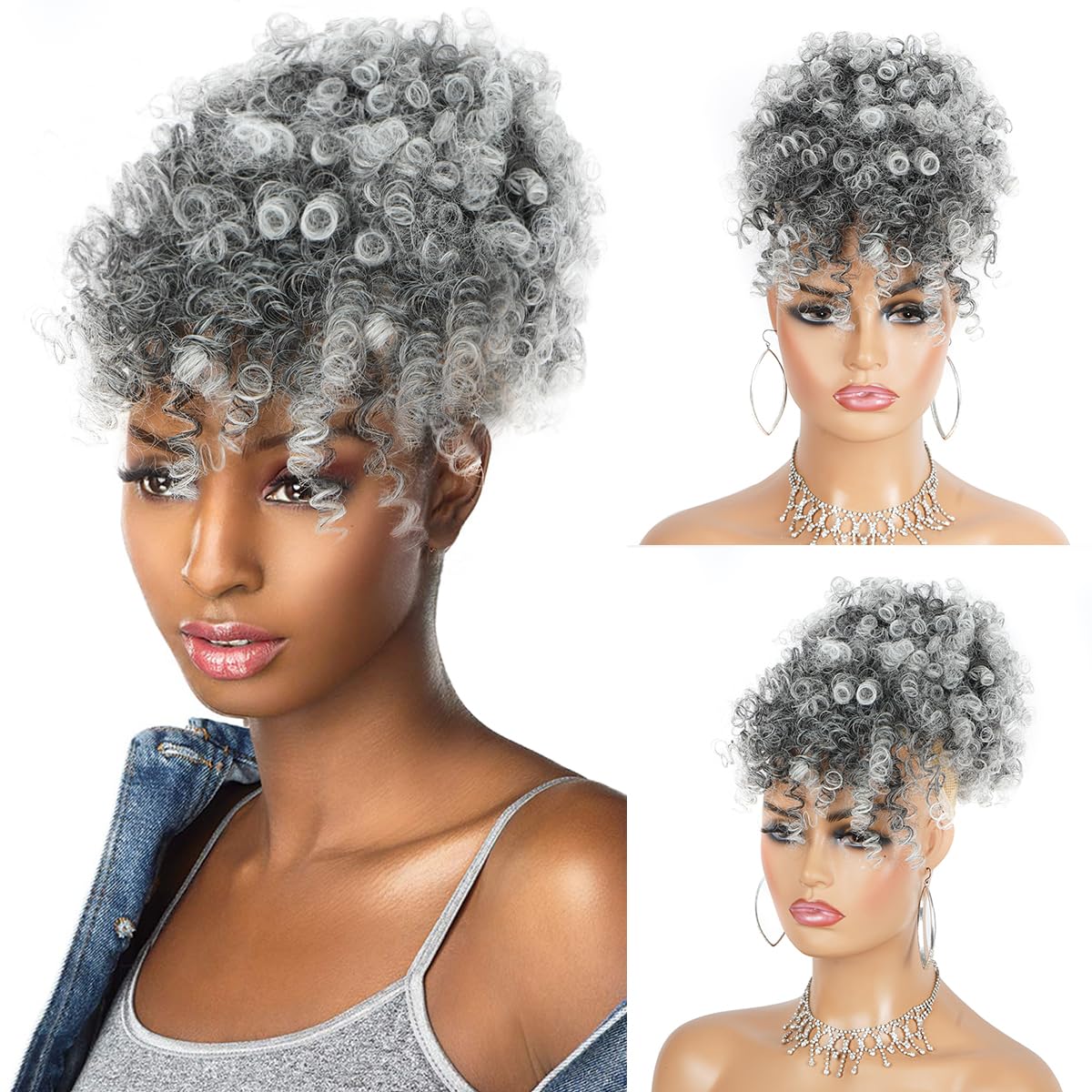 Cetiq Gray Afro Puff Drawstring Ponytail with Curly Hair Pieces Clip in Bangs Short Ponytail Hair Extensions drawstring ponytail for Black Women