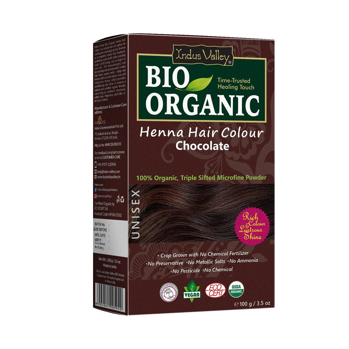 Indus Valley Bio Organic Natural Henna Hair Color Chocolate 100gm| 100% Gray Hair Coverage And Long Lasting Hair Dye | Natural Hair Dye, Vegan and Cruelty-Free