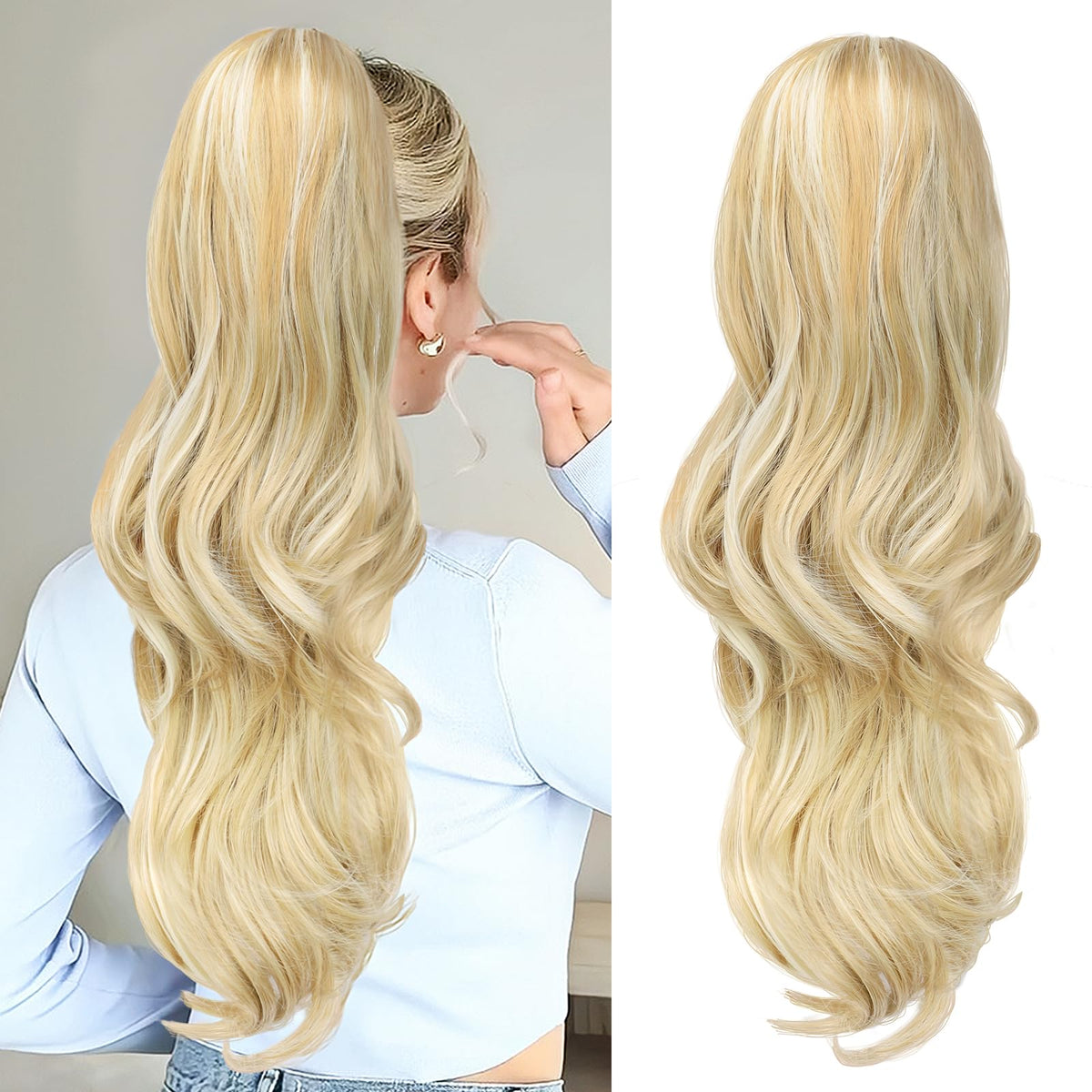 CHRSHN Ponytail Extension, Drawstring Ponytail Extension for Women 26 Inch Long Wavy Blonde Pony Tails Hair Extensions Synthetic Clip in Ponytail Hairpiece for Women(H24/60)