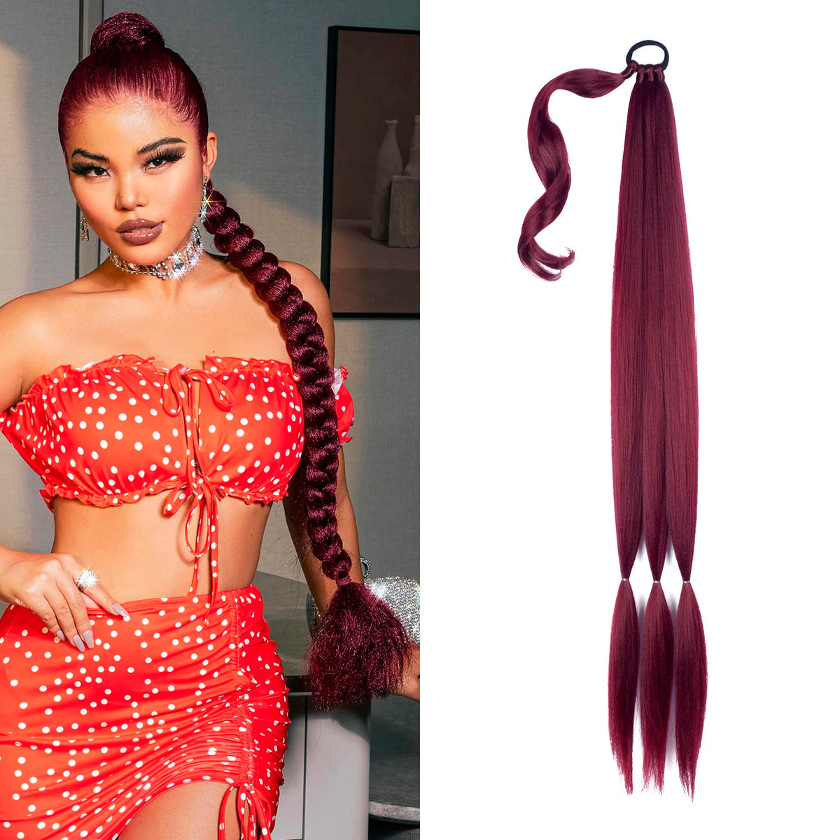Burgundy Braided Ponytail Extension with Hair Tie Straight Wrap Around braided hair extensions Thick Soft Synthetic braided ponytail extension (Bug#)
