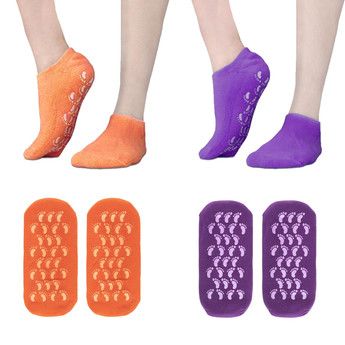 Moisturizing Socks, Gel Socks for Moisturizing Feet, 2 Pairs Premium Silicone Socks for Dry Cracked Feet Women (Up to Size 8, Tangerine & Violet)