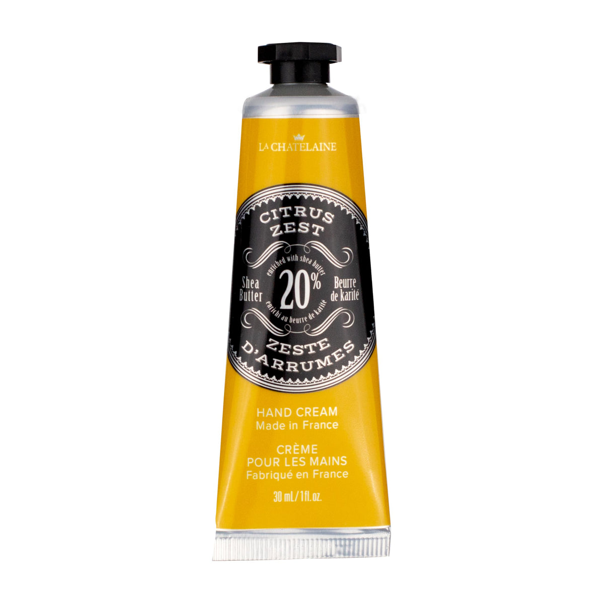 La Chatelaine 20% Shea Butter Hand Cream Travel Size, Men, Unisex, Organic Argan Oil, Moisturizing, Nourishing, Extra-Rich Hand Lotion, Made in France, Paraben Free, 1 oz / 30ml (Citrus Zest)