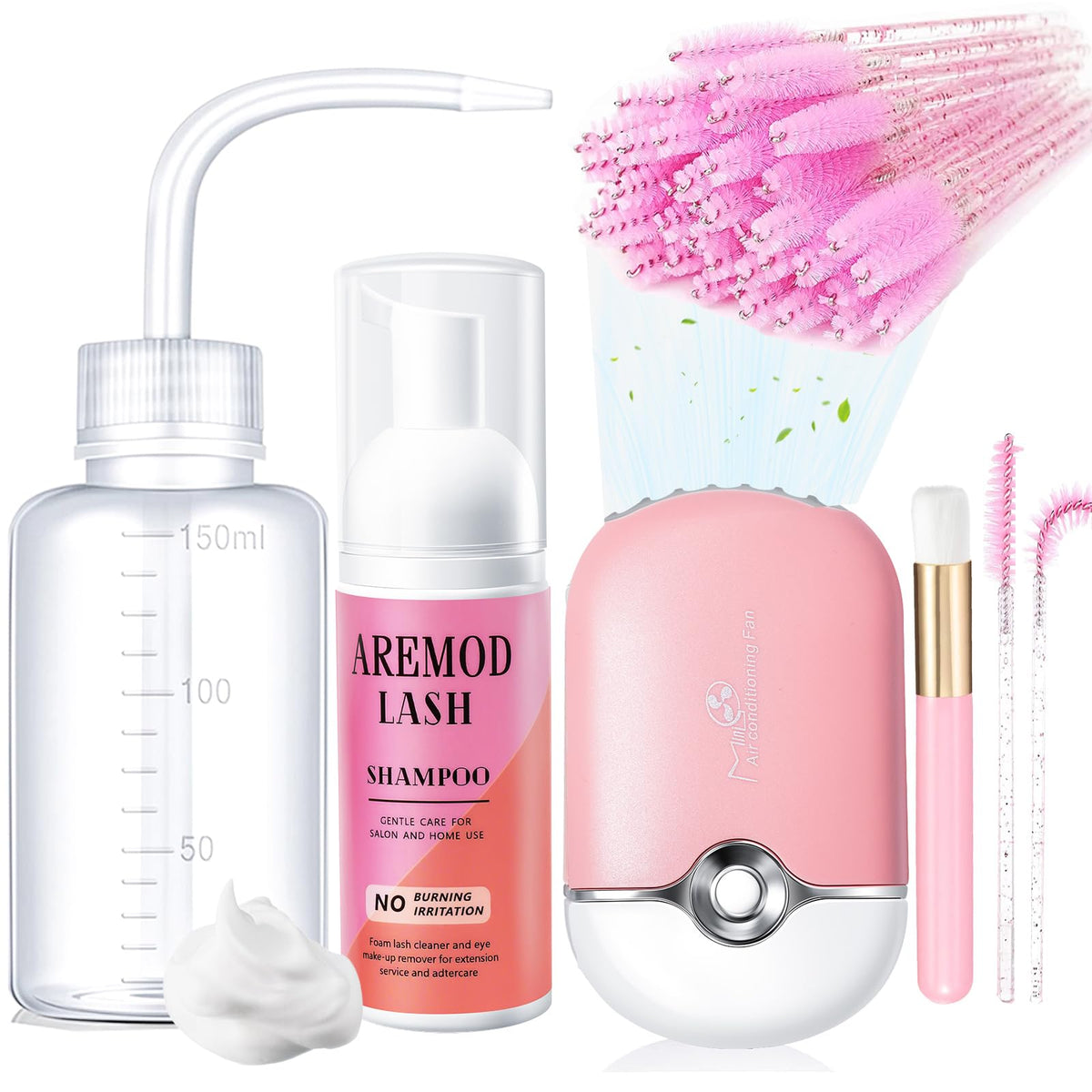 Lash Extension Cleanser, Lash Shampoo Cleaning Kits with Lash Fan, 60ml Lash Shampoo,Cleaning Brush and Wash Bottle for Lash Bath(pink)