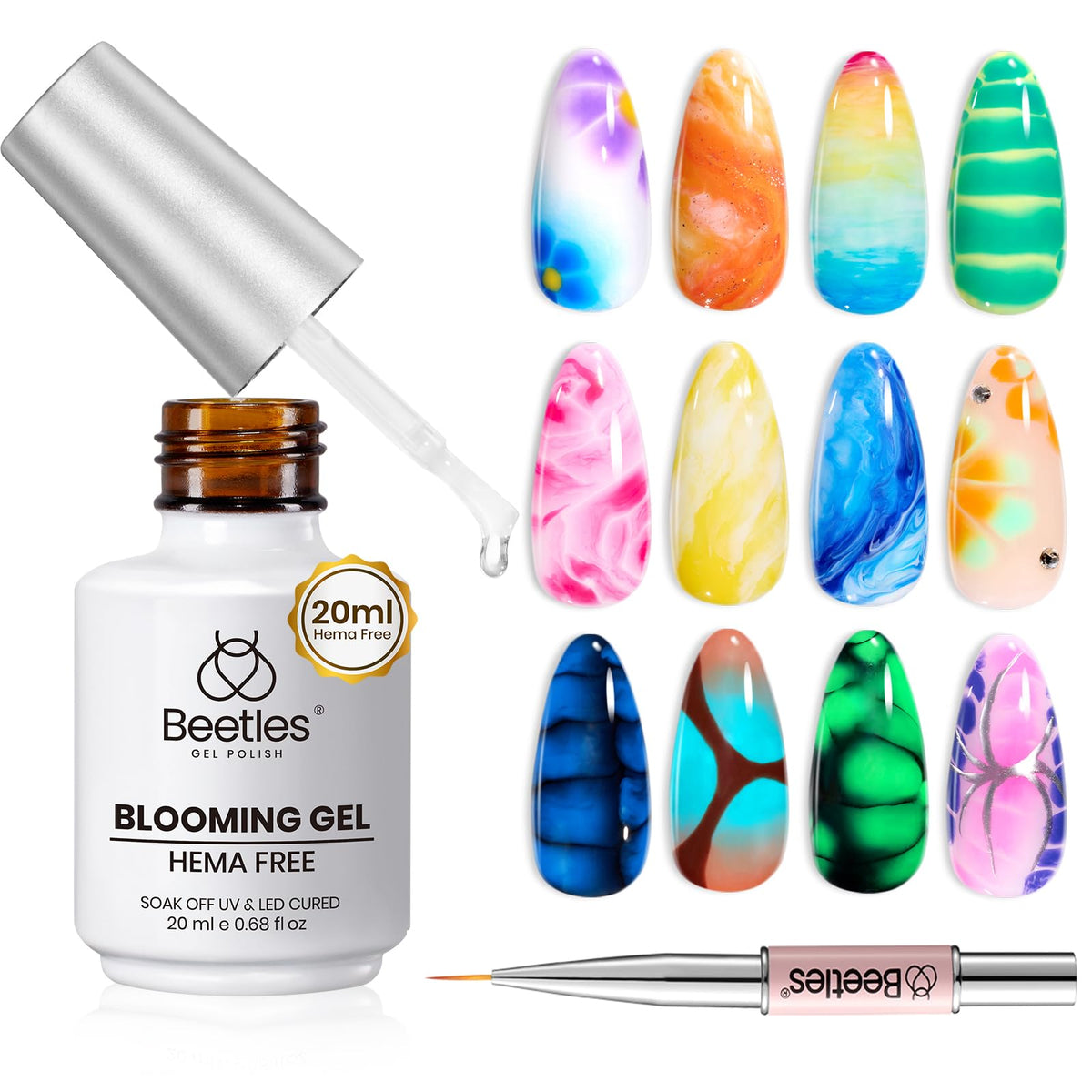 Beetles Blooming Gel Nail Polish, 20ml Hema-Free Clear UV LED Blossom Gel Polish for Spreading Effect Marble Natural Stone Watercolor Floral Soak off Uv DIY Manicure Large Capacity