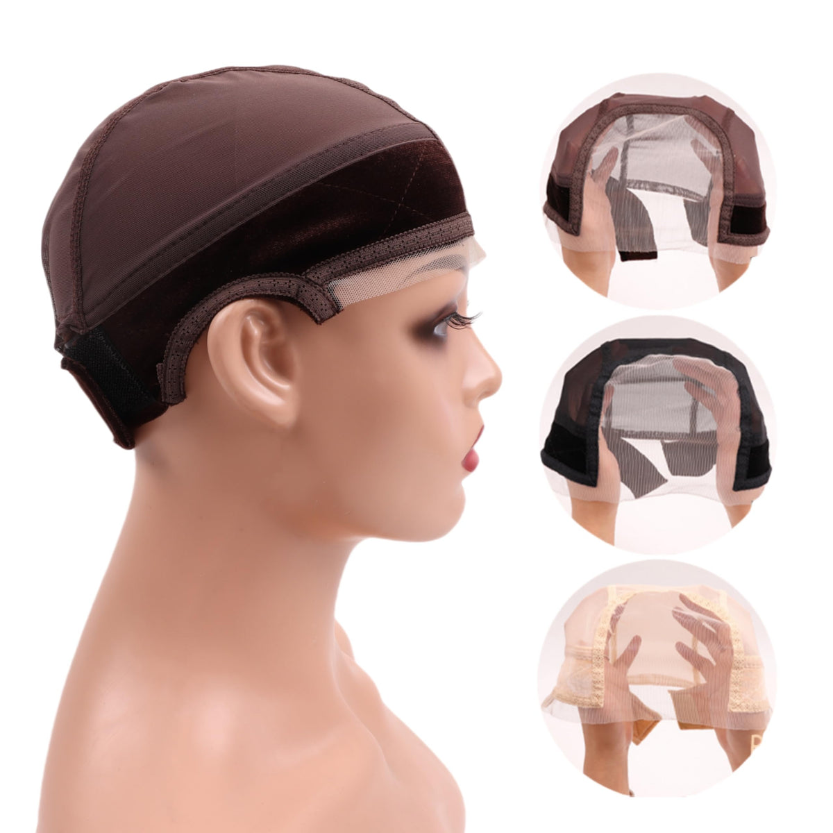 Ecojunmi Lace Wig Cap with Grip Band for Keeping Wigs in Place, 4X5 inch Transparent Adjustable Lace Wig Cap with Headband, Non-slip Wig Gripper (Brown)