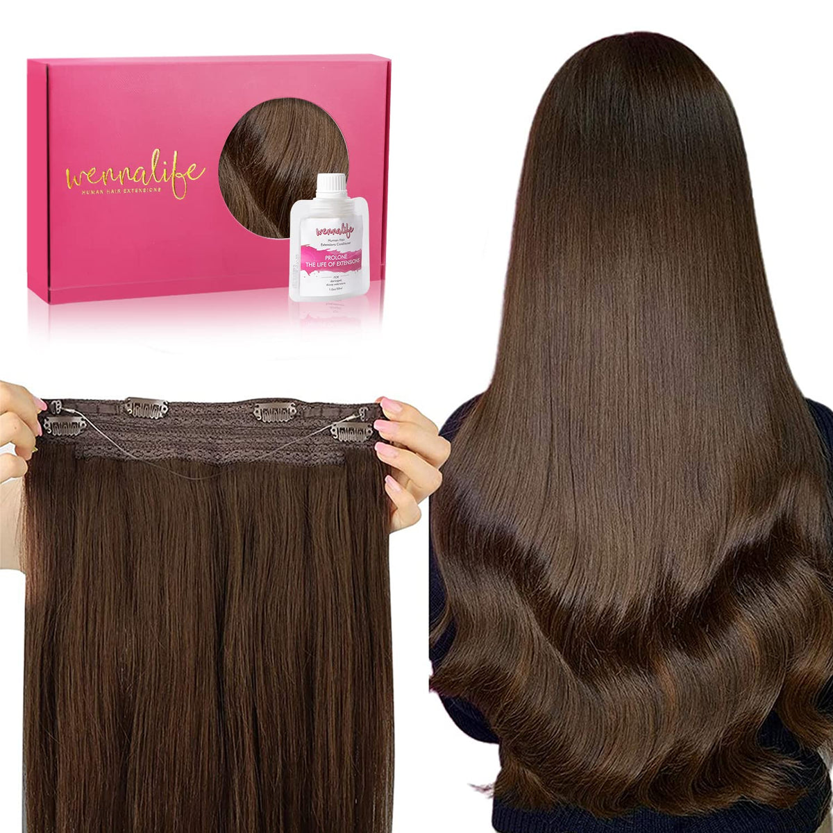 WENNALIFE Wire Hair Extensions (Increase 50% Lifespan) Real Human Hair 12 inch 70g Chocolate Brown Remy Wire Hair Extensions Invisible Transparent Fish Line Straight Real Hair Extensions