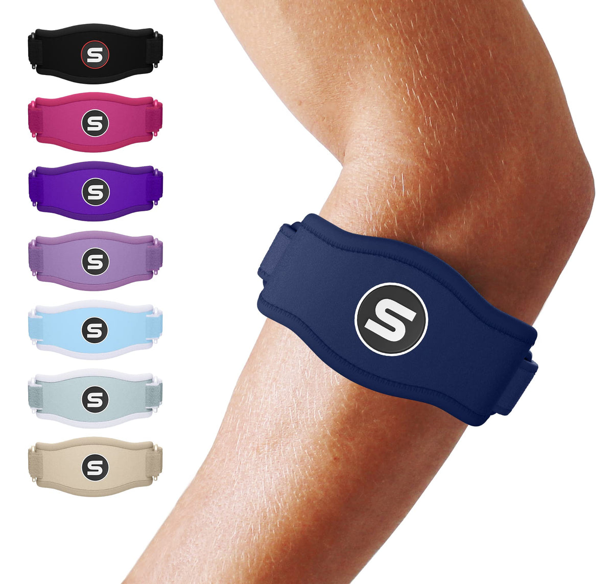 Sleeve Stars Tennis Elbow Support Strap, Golfers Elbow Support for Men & Women Epicondylitis Clasp, Counterforce Arm Band for Tendonitis Relief & Support, w/ 3 Straps Length, Fits 9"-23" (Navy Blue)