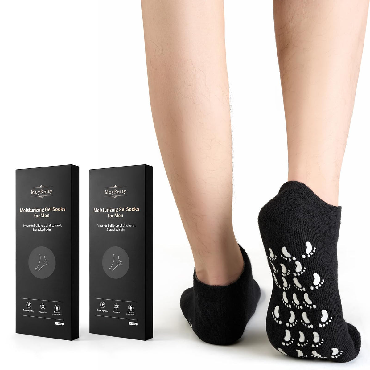 MoyRetty 2 Pairs Moisturizing Silicone Socks for Men - Large Size, Black, Ultimate Aloe-Infused Gel for Home Use - Say Goodbye to Dry Cracked Feet