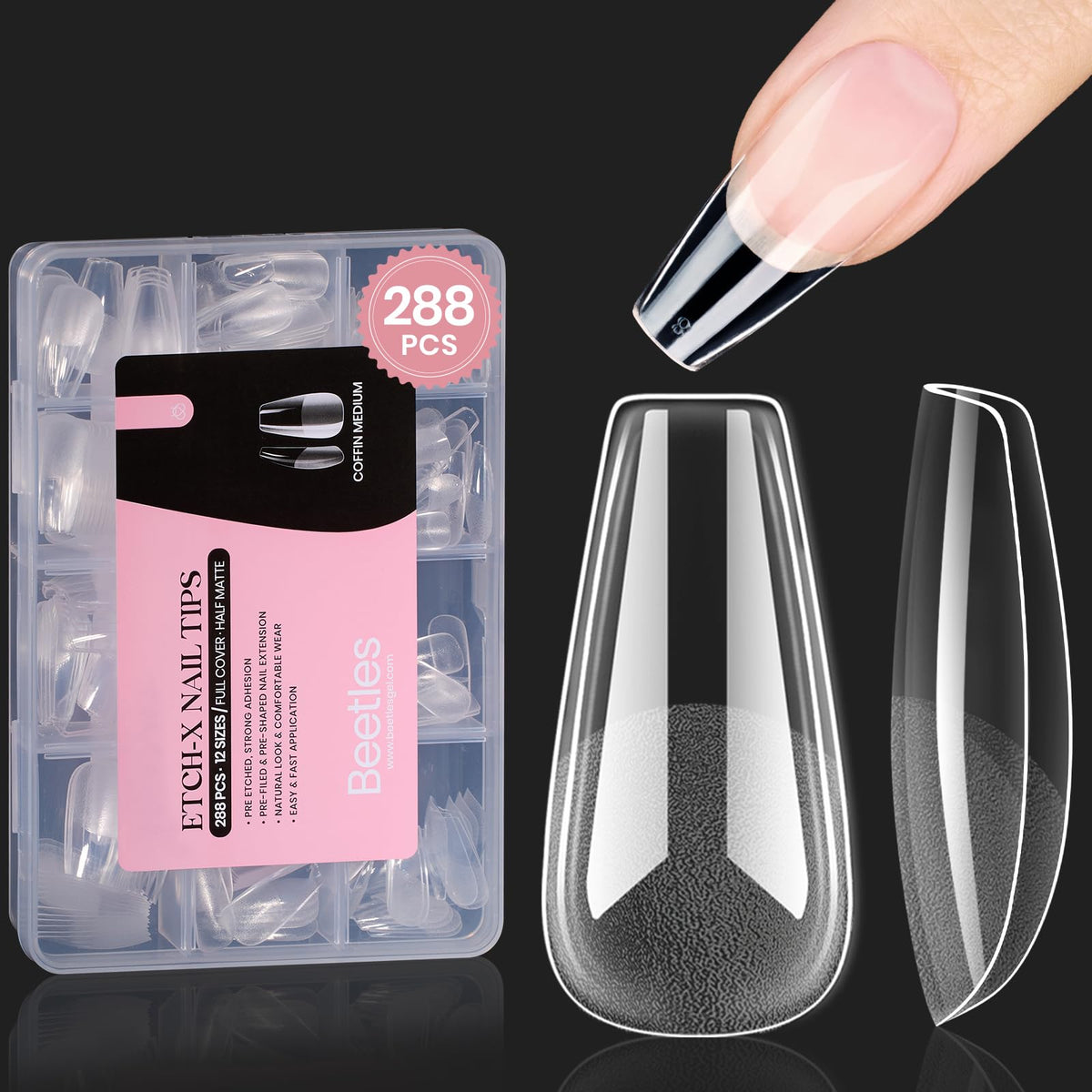 Beetles Gel Nail Tips Medium Coffin Etch X Nail Tips, 12 Sizes 288Pcs Pre Shaped Half Matte Press On Nails Full Cover False Nails for Pastel Spring Nails Acrylic Fake Nails Nail Extensions Kit