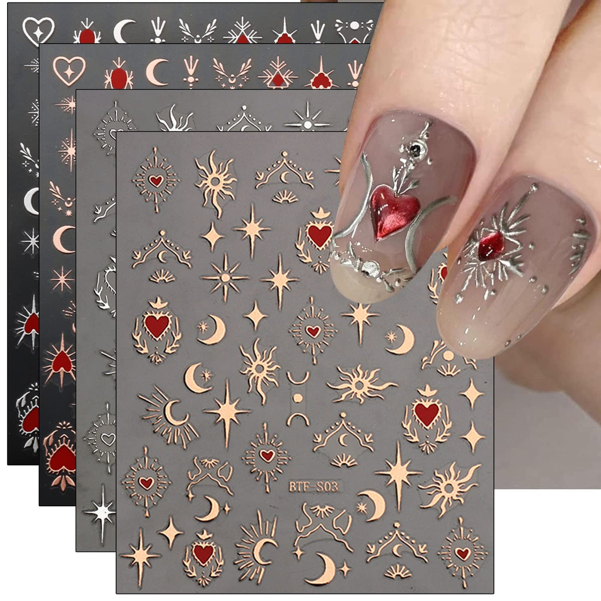 JMEOWIO 9 Sheets Moon Star Nail Art Stickers Decals Self-Adhesive Pegatinas Uñas Sun Nail Supplies Nail Art Design Decoration Accessories