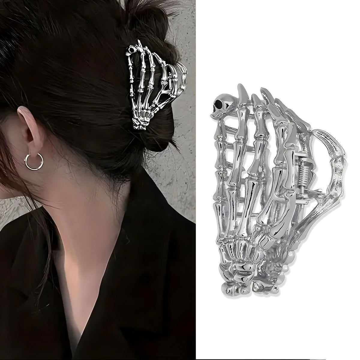 Skeleton Metal Hair Claw Clips Alloy Hair Claw Clips, 1Pcs Metal Hair Clip for Thin Thick Hair Punk & Y2K-Style (Silver Skeleton Hand)