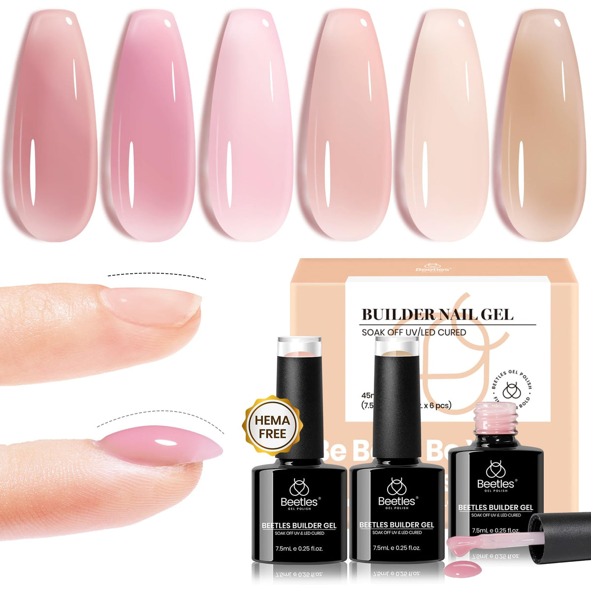 Beetles Hema Free Builder Gel for Nails, 6 Color Nude Pink Builder Gel for Nail Thickening & Repair, Building Gel Nail Strengthener Extension Gel Gift for Women