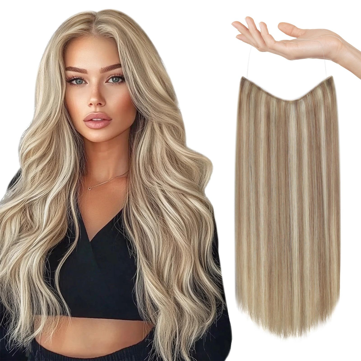 Sunny Wire Hair Extensions Real Human Hair Fish Line Human Hair Extensions Invisible Wire Extensions Ash Blonde with Platinum Blonde Highlights #P18/613 12 Inch