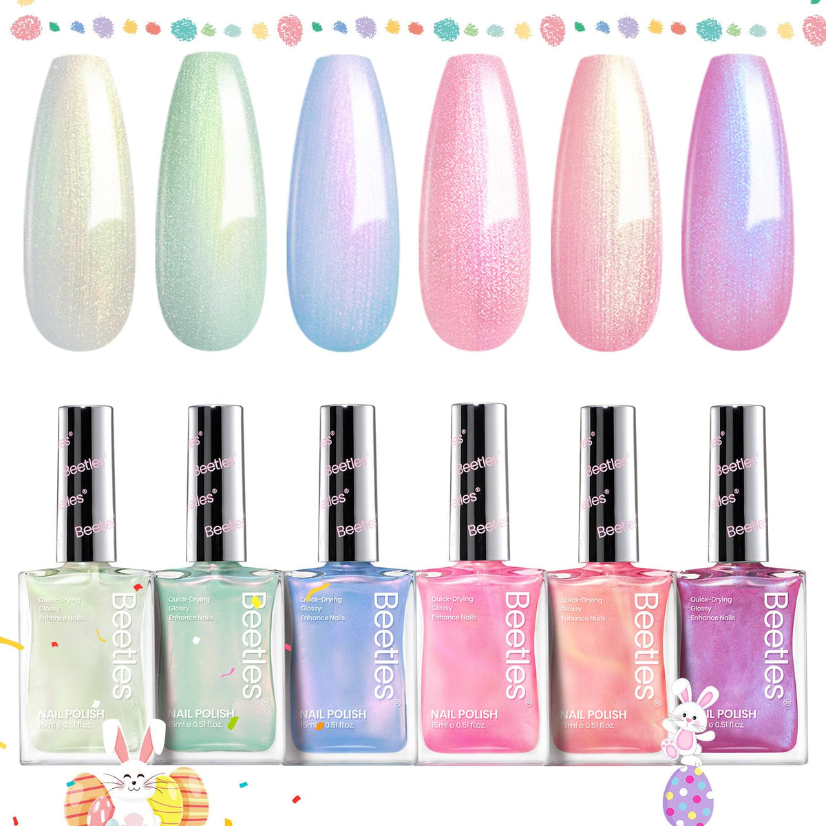 Beetles Pearl Nail Polish Set Mermaid Glow, 6 Colors Shimmer Pearl Pink Purple 15ml Quick Dry Nail Polish Long Lasting DIY Manicure Gift for Girls Women Nail Strengthener Polish