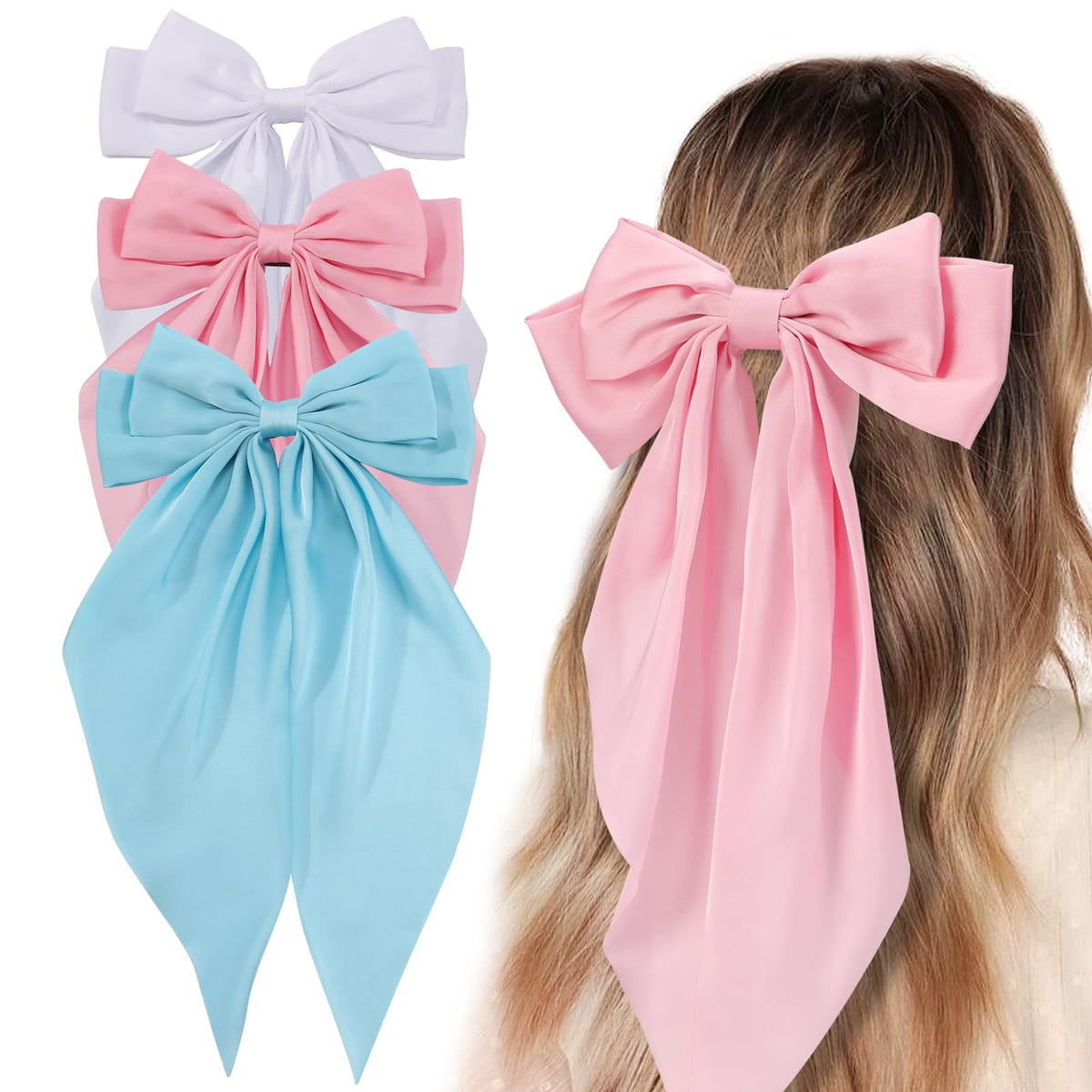 3 PCS Hair Bows for Women, Big Bow Hair Clips for Girls, Silky Satin Hair Bows Clips Oversized Long Tail, Large Hair Barrettes Cute Aesthetic Hair Accessories, Metal Bow Hair Clips Light Blue