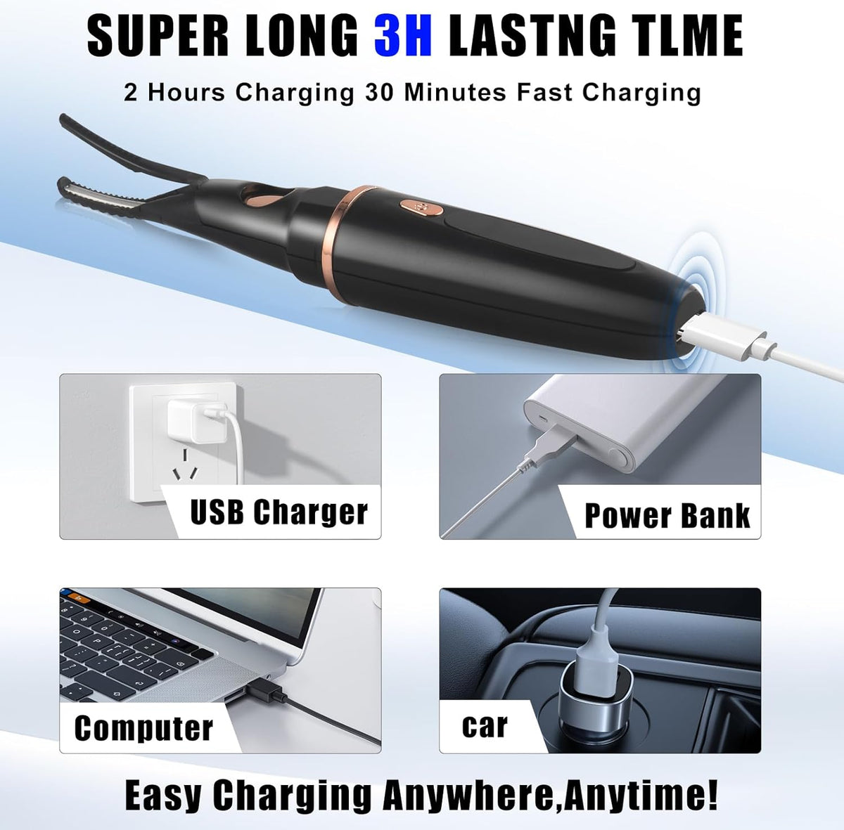 Heated Eyelash Curlers - 2 in 1 Clip- Type Heated lash Curler Best Seller Electric Eyelash Curler LED Display 3 Temp Settings for Makeup Tools USB Rechargeable Natural Curling 24H Long Lasting