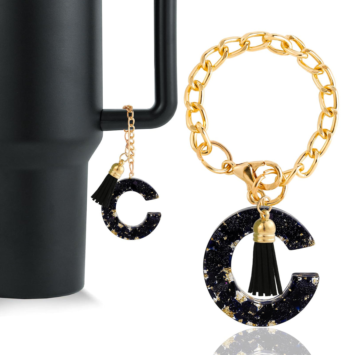 Letter Charm Accessories for Stanley Cup 1 PCS Cute Initial Keychain Handle Charm for Stanley Tumbler for Women Black Letter C