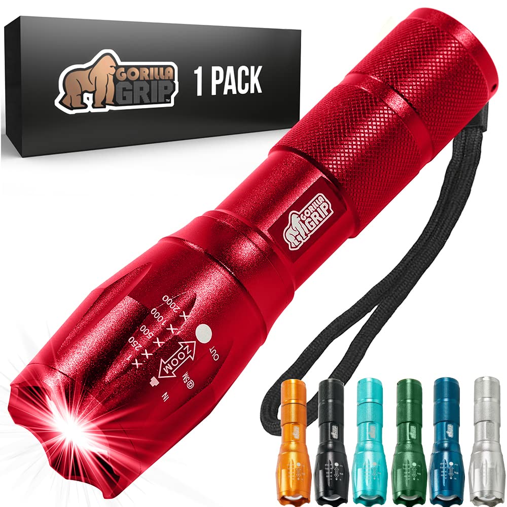 Gorilla Grip Powerful LED 750 FT Water Resistant 5 Adjustable Mode Tactical Flashlight, High Lumens Ultra Bright Battery Life Zoom Flashlights, Small Camping Car Mini Flash Light Accessories, Red