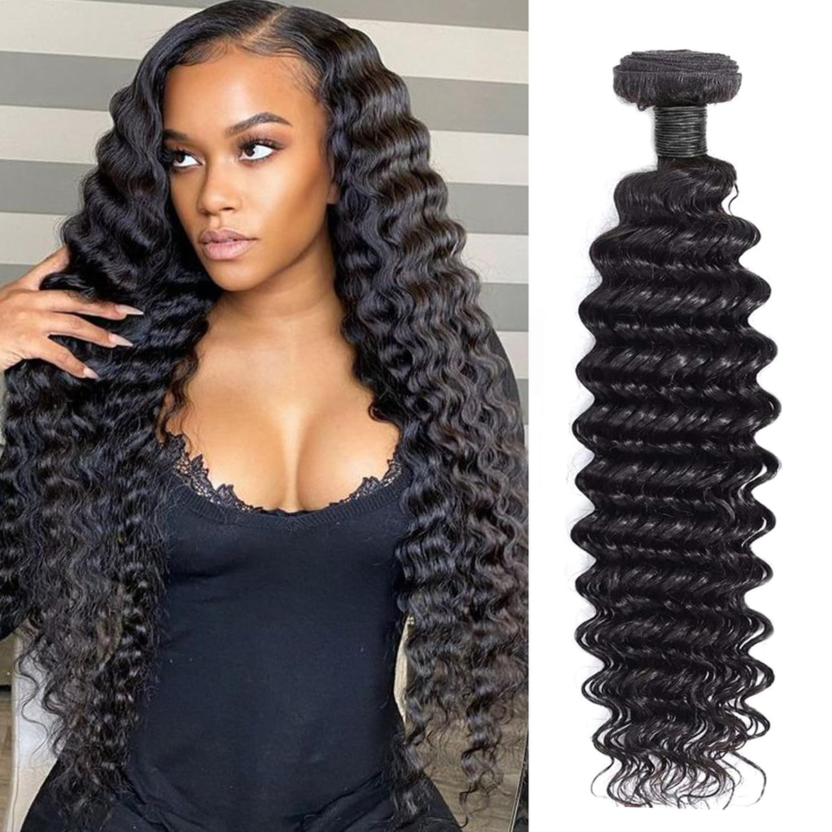 Deep Wave Bundles Human Hair Brazilian Virgin Hair Deep Wave One Weave Bundle 12A Grade Unprocessed Human Hair Extensions Natural Black 1 Bundle100g/pc (Deep Wave Bundles Human Hair, 24)