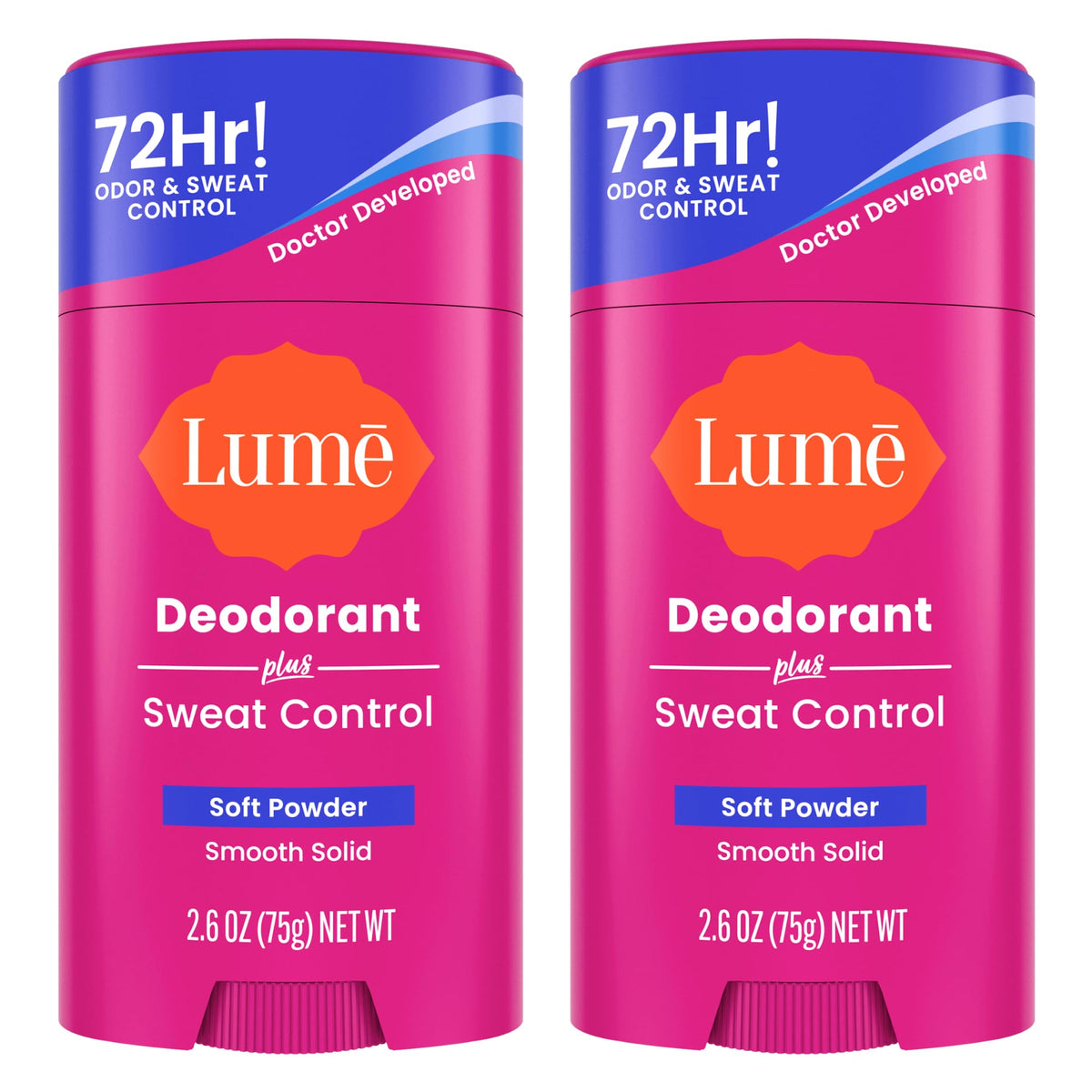 Lume Deodorant Plus Sweat Control - Smooth Solid Stick - Maximum Strength Antiperspirant - 72 Hour Odor And Sweat Control - Baking Soda Free, Skin Loving - 2.6 ounce (Soft Powder) Pack of 2