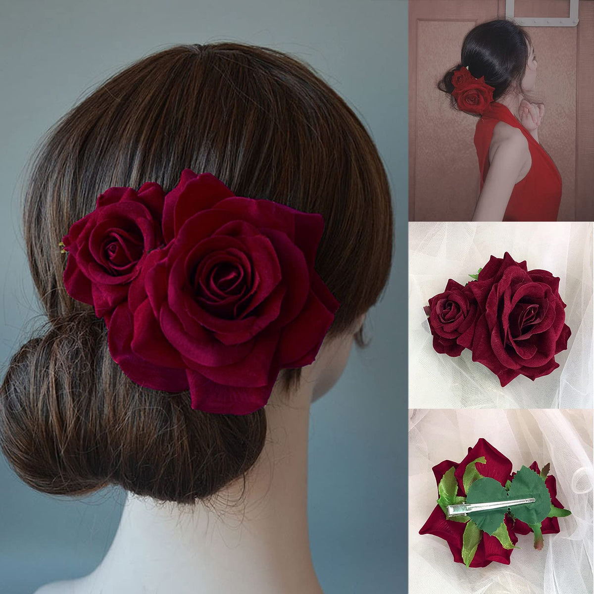 Flower Hair Combs, Rose Flower Bohemia Hairpin Bride Costume Hair Decor for Party Wedding Wine Red