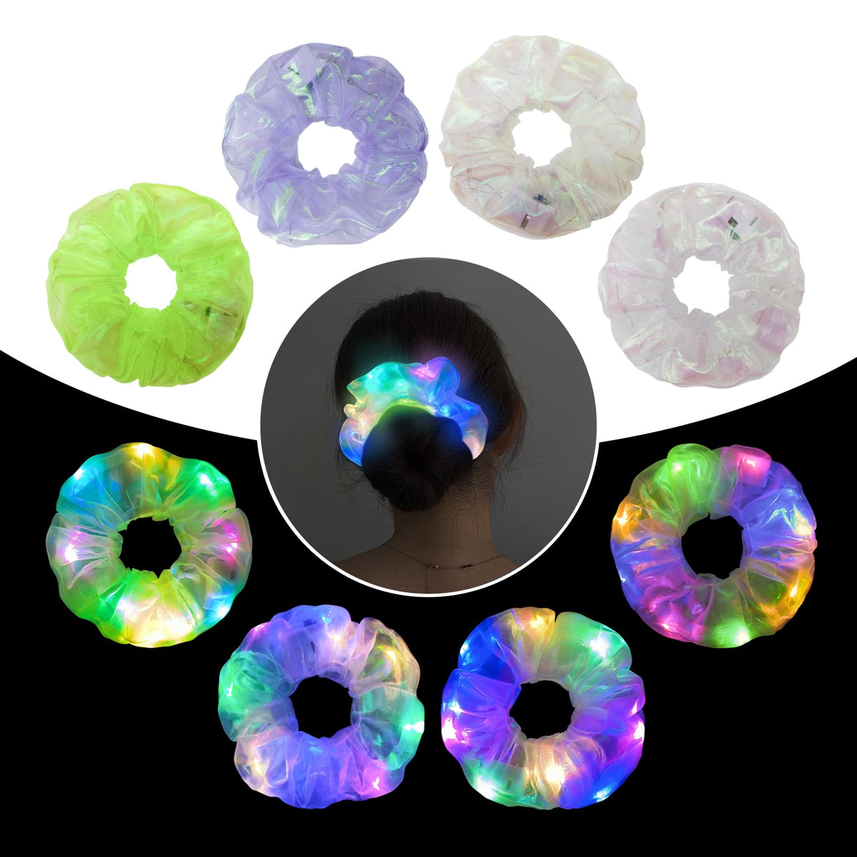 MUYANN 4Pcs Light Up Scrunchies Hair Tie, LED Neon Hair Accessories for Women & Girls, Glow in the Dark Party Supplies Sleepover Party Favor Rave Accessory for Easter Basket Stuffers