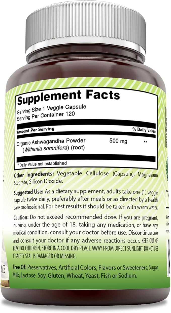 Amazing India Ashwagandha Supplement | 500 Mg Per Serving | 120 Veggie Capsules | Non-GMO | Gluten Free | Made in USA | Ideal for Vegetarians