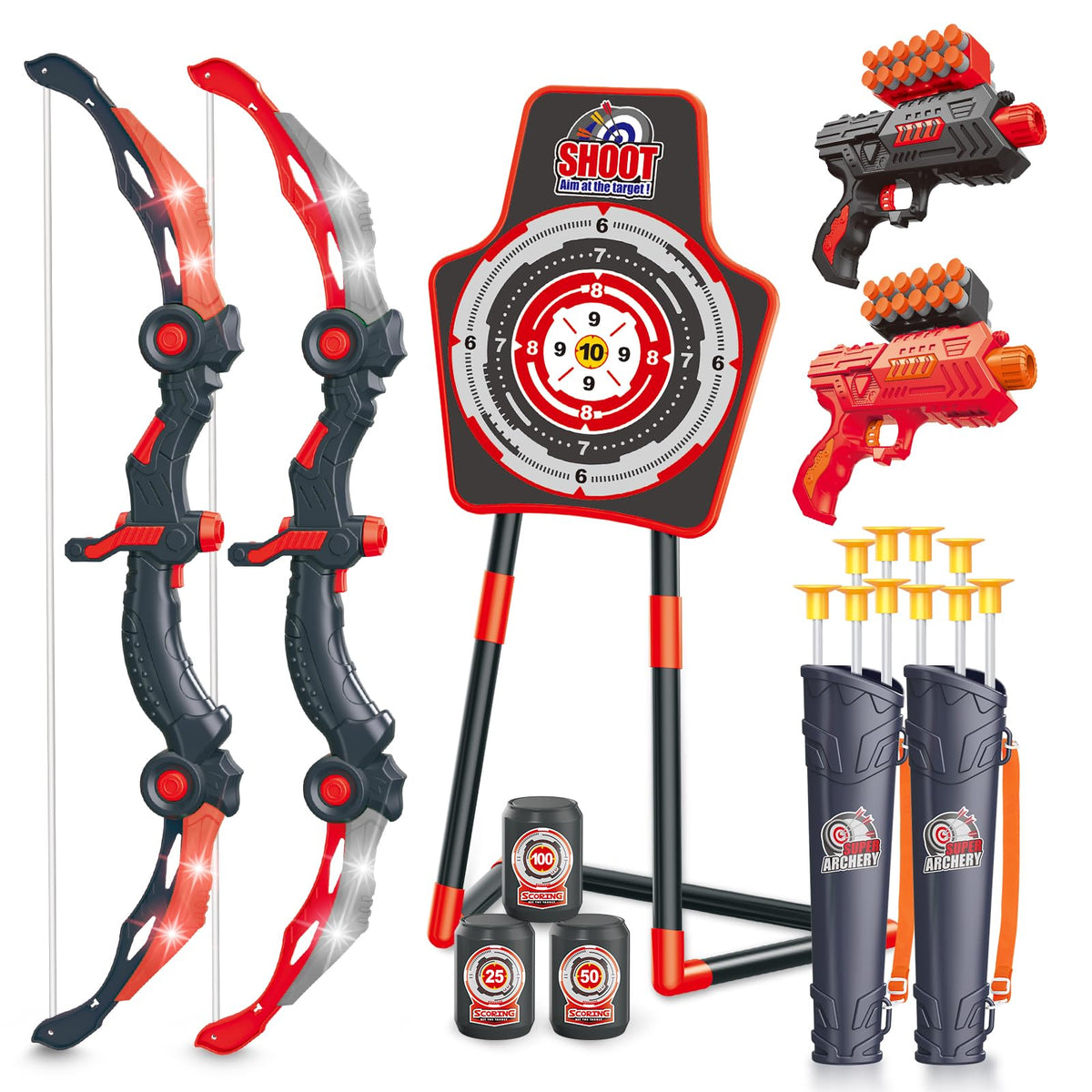 SpringFlower Bow and Arrow Sets with LED Light-up,2 Foam Dart Guns for Kids 5 6 7 8 9 10+ Years Old, Archery Set with Standing Target for Boys & Girl, Ideal for Boys,2 Pack