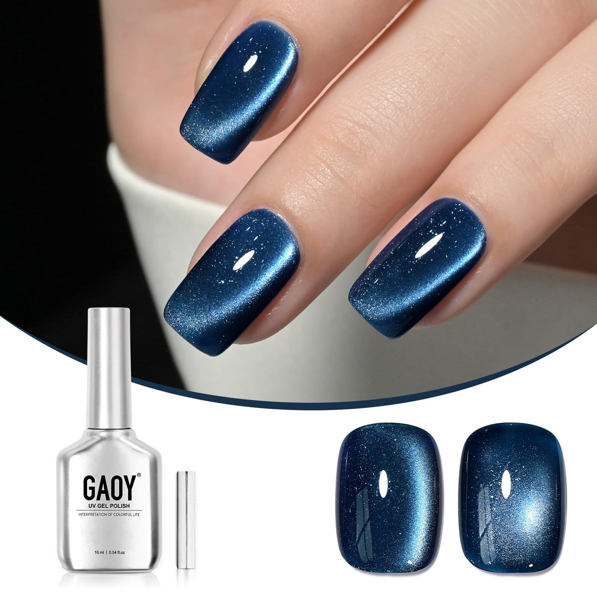 GAOY 16ml Deep Blue Cat Eye Gel Nail Polish, Glitter Holographic Nail Polish with Magnet, Reflective Translucent UV Gel, 2929 Mystic Blue