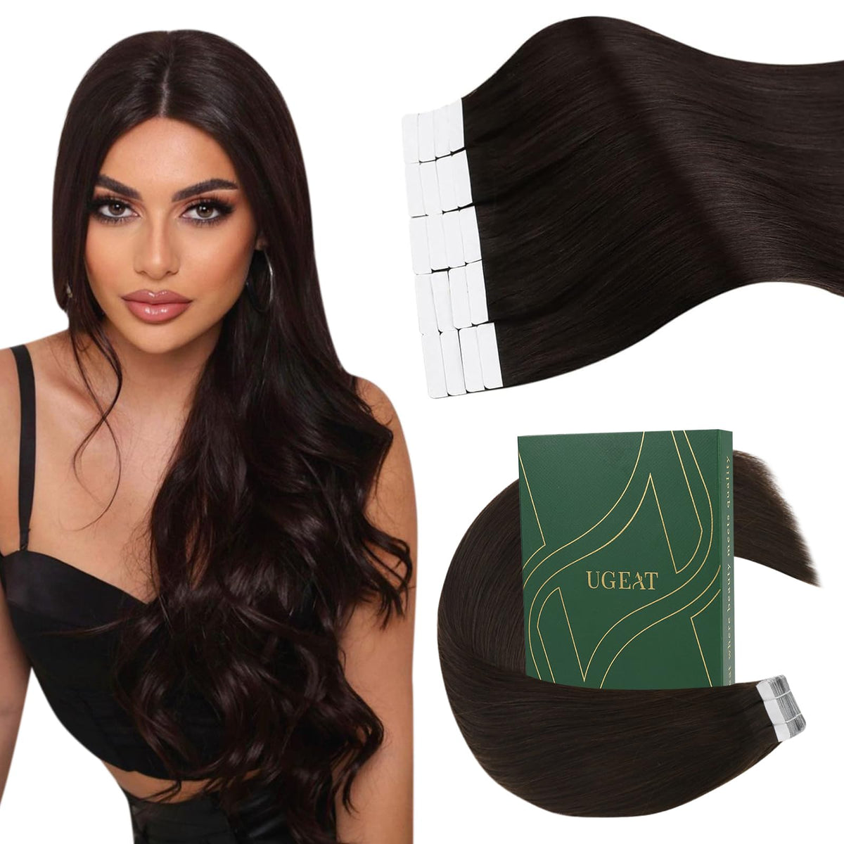 Ugeat Darkest Brown Tape in Extensions Real Human Hair 16 Inch Invisible Tape in Hair Extensions Human Hair Dark Brown Tape ins Human Hair Extensions Brown Remy Hair 20Pcs 50G