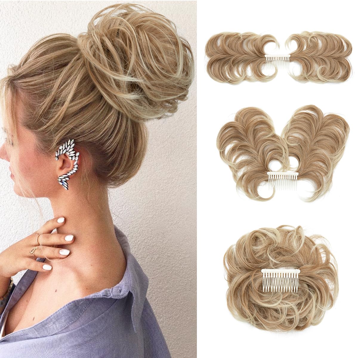 youngways Messy Bun Hair Piece Side Comb Clip in Hair Bun Hairpiece for Women Short Natural Straight Versatile Adjustable Styles Easy Hair pieces (Gloden Blonde and Beach Blonde Tips-C)