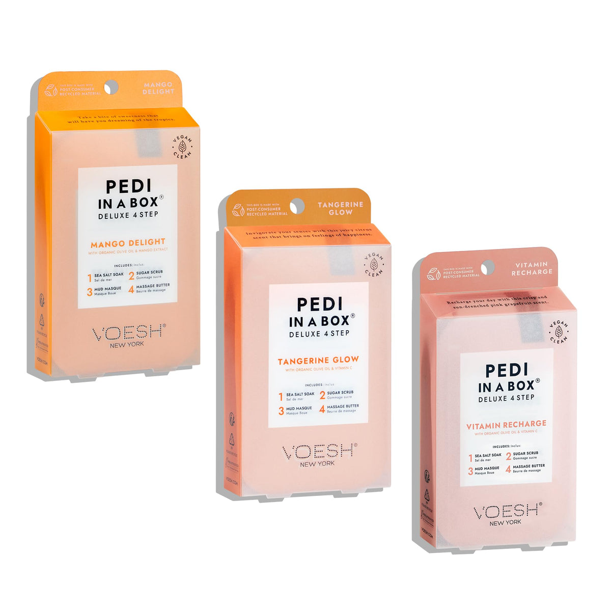 VOESH Pedi in a Box 4 Step Fruity Trio - 3 Pack of Mango Delight, Tangerine Twist & Vitamin Recharge Pedis, Home Pedicure, Vegan Foot Care, DIY Pedi