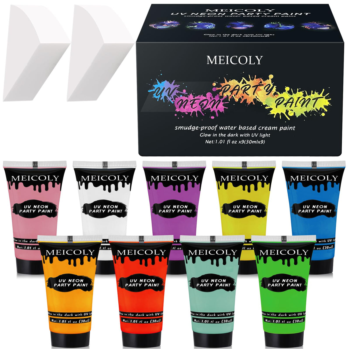 MEICOLY Glow Blacklight Face Paint Set,Neon UV Body Paint Kit,1.06x9oz/Box with Sponges,Blacklight Reactive Paints,Glow in the Dark Body Paint Neon Party Supplies,Neon Fluorescent Face Paint Makeup