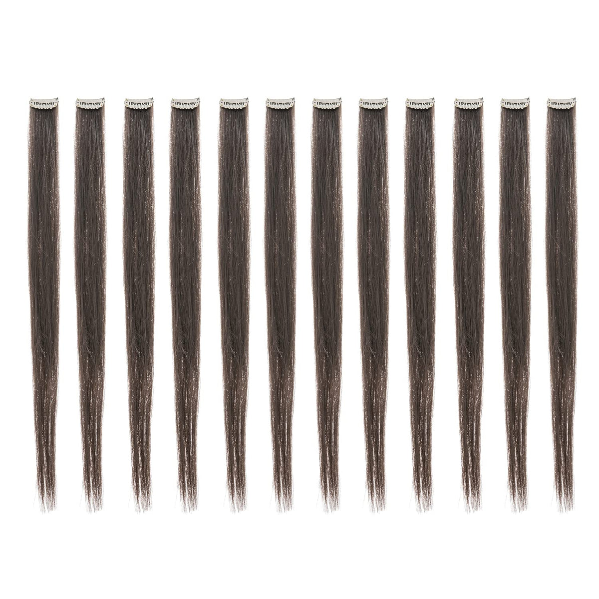 SWACC 12 Pcs Straight One Color Party Highlights Clip on in Hair Extensions Colored Hair Streak Synthetic Hairpieces (Dark Brown-4#)