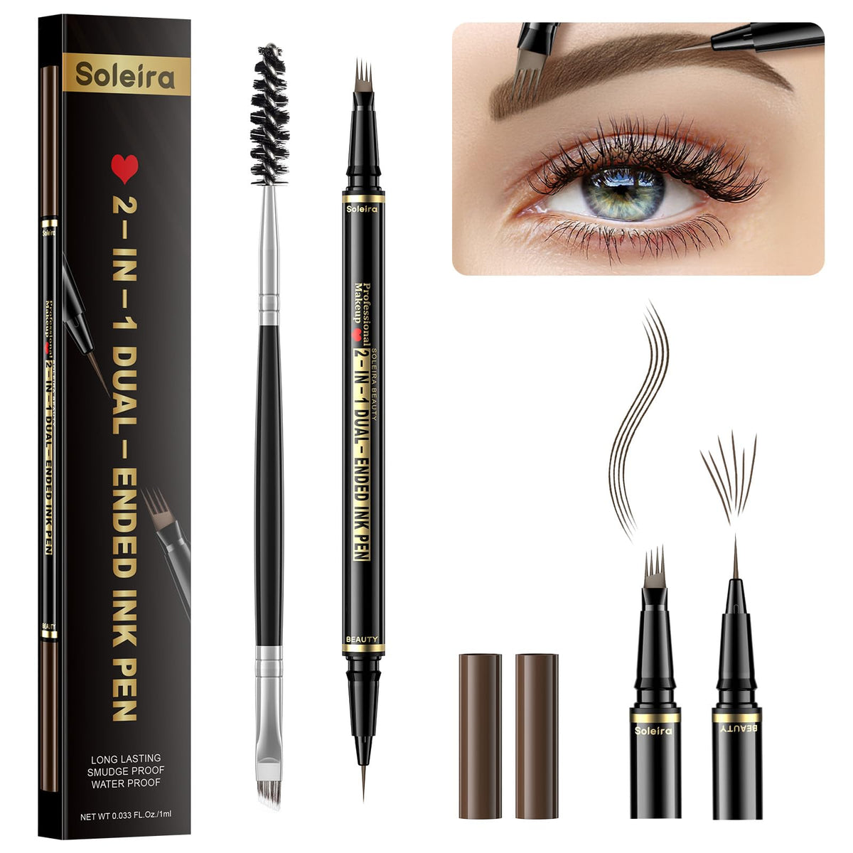 Eyebrow Pen, Soleira Waterproof Eyebrow Pencil with 4 Tip Microblading Eyebrow Pen and Dual-ended Eyebrow Brush, for Natural-Looking Brows, Long-Lasting, Ash Brown