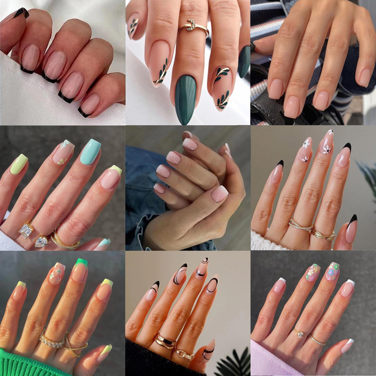 9 Packs (216 Pcs) Press on Nails, Jsiallye Short French Tip Press on Nails, Press on Nails Almond Square with Flower, Glue on Nails for Girl Nail Art, 12 Size of Fake Nails - 9 Styles Nail Kits
