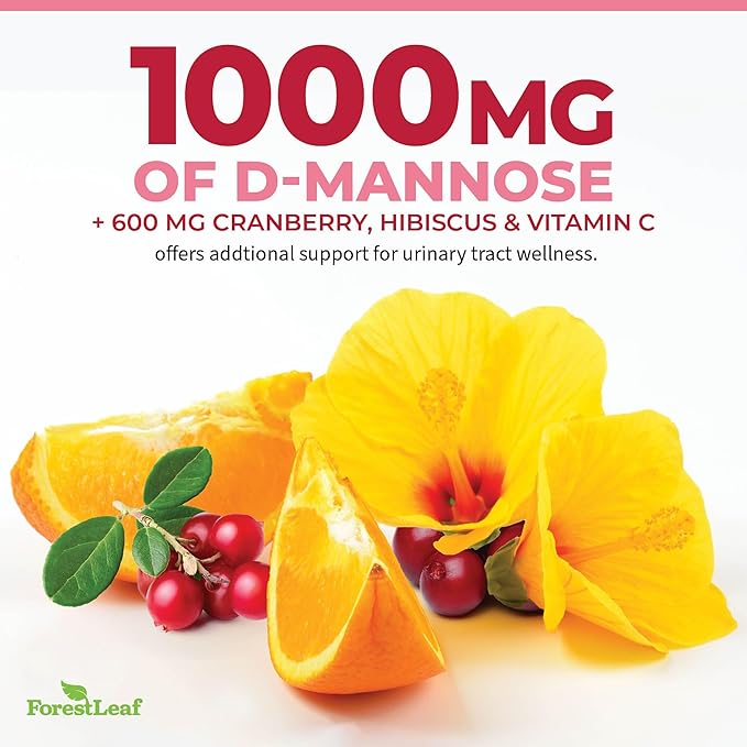 ForestLeaf D Mannose 1000mg Capsules - D-Mannose with Cranberry, Hibiscus & VIT C, Urinary Tract Health for Women and Men, DMannose Pills for UTI, Urinary Health & Bladder Support 120 Capsules