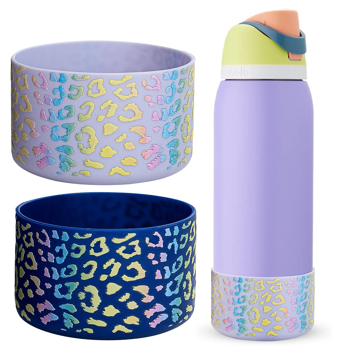 WK IEASON 2Pcs Silicone Water Bottle Boot for Owala 24oz, Protective Flask Bottom Cover Base for Owala FreeSip Twist and Flip Flask Bottles (3D Leo print Fog/blue, 24OZ)