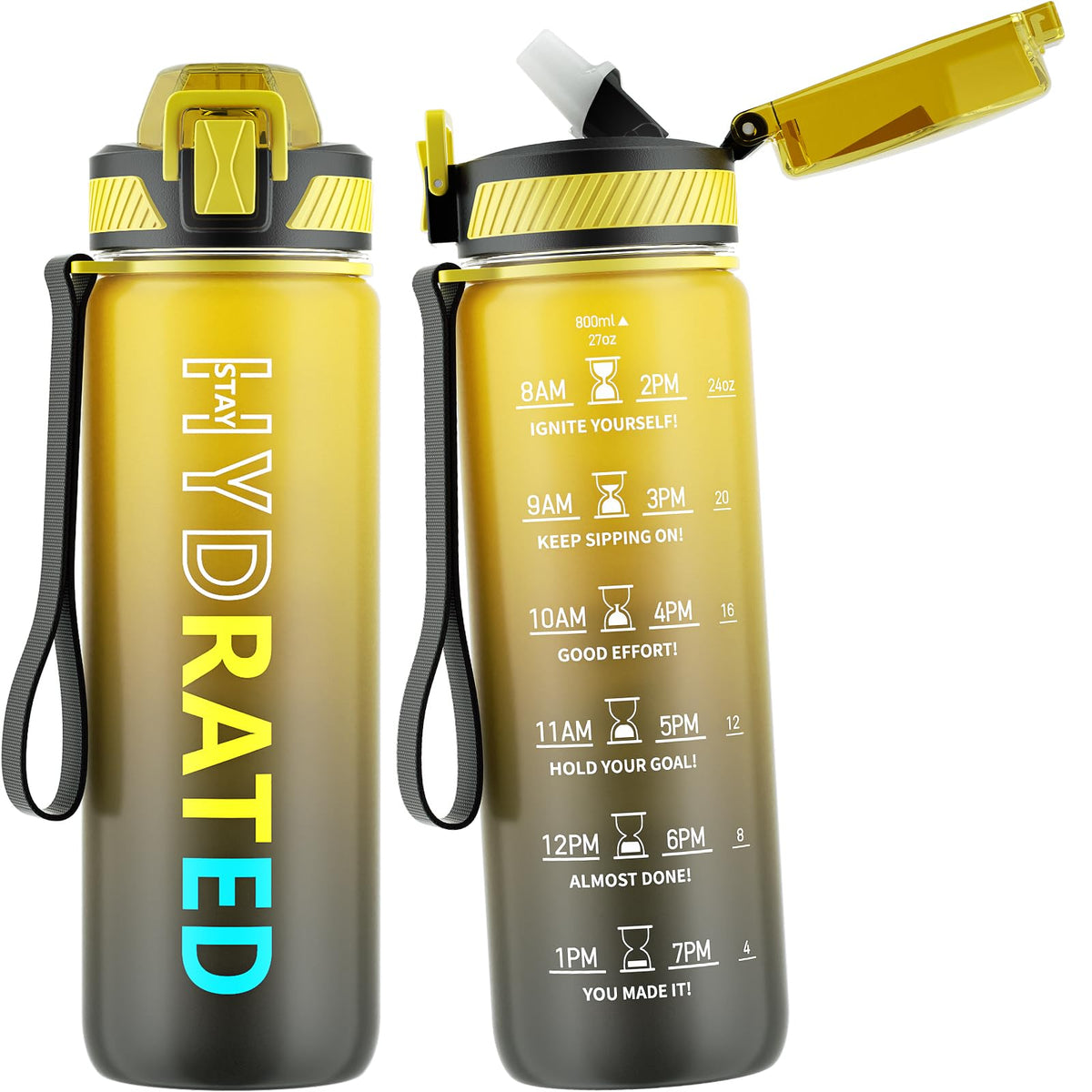 QLUR Water Bottle with Straw, 27 oz Motivational Water Bottles with Time Marker to Drink, Tritan BPA Free, 800ml Sports Water Bottle with Carry Strap LeakProof for School Fitness Outdoor (1Pack)