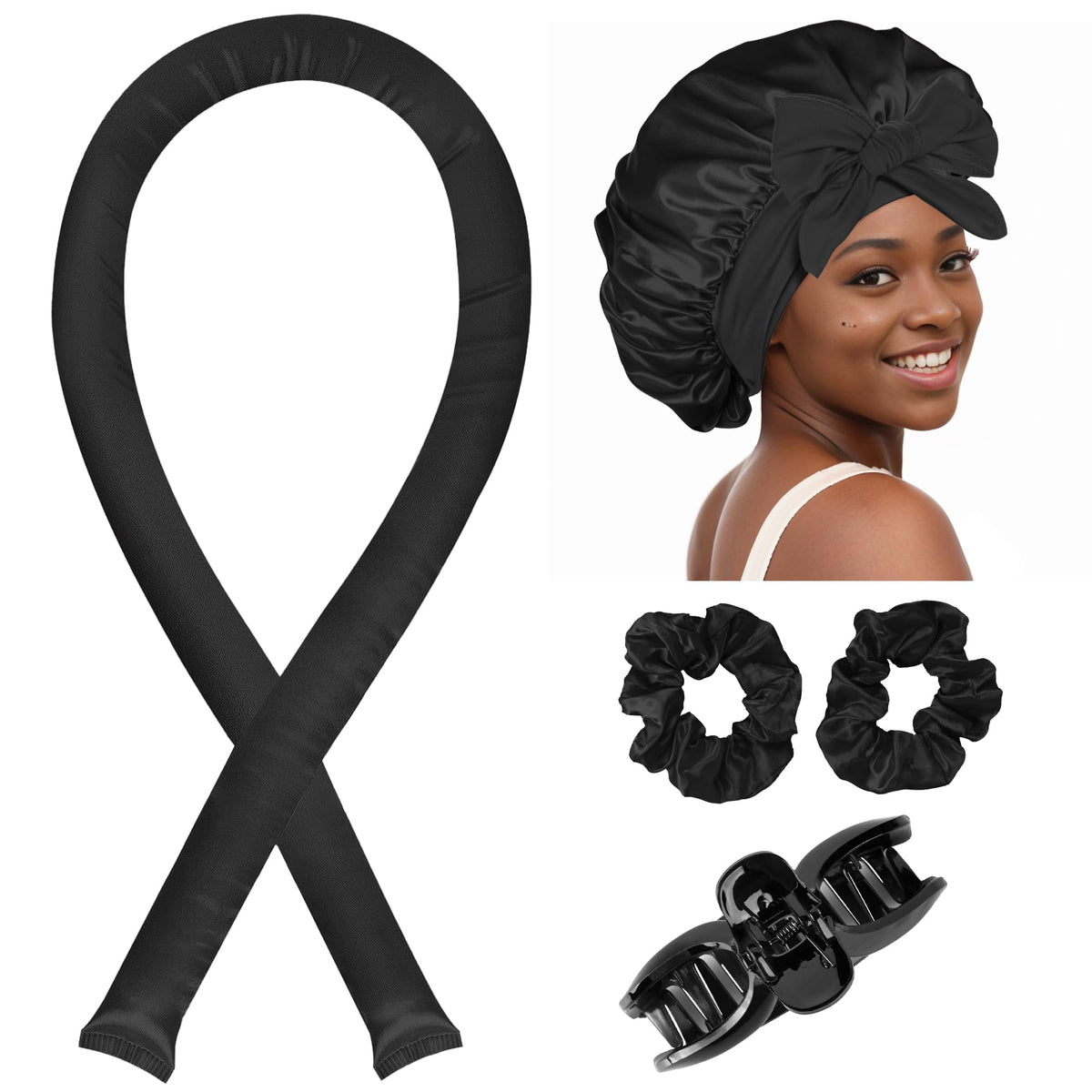 Heatless Hair Curler,Blowout Heatless Curls Overnight,No Heat Curling Rod Set with Satin Bonnet for Sleep in,Black