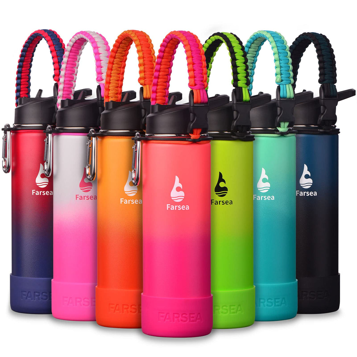 Farsea Insulated Water Bottle With Paracord Handle, Protective Silicone Boot and 2 Lids (Straw Lid & Spout Lid), Stainless Steel Water Bottle Wide Mouth, Double Wall Sweat-Proof BPA-Free, 24 oz