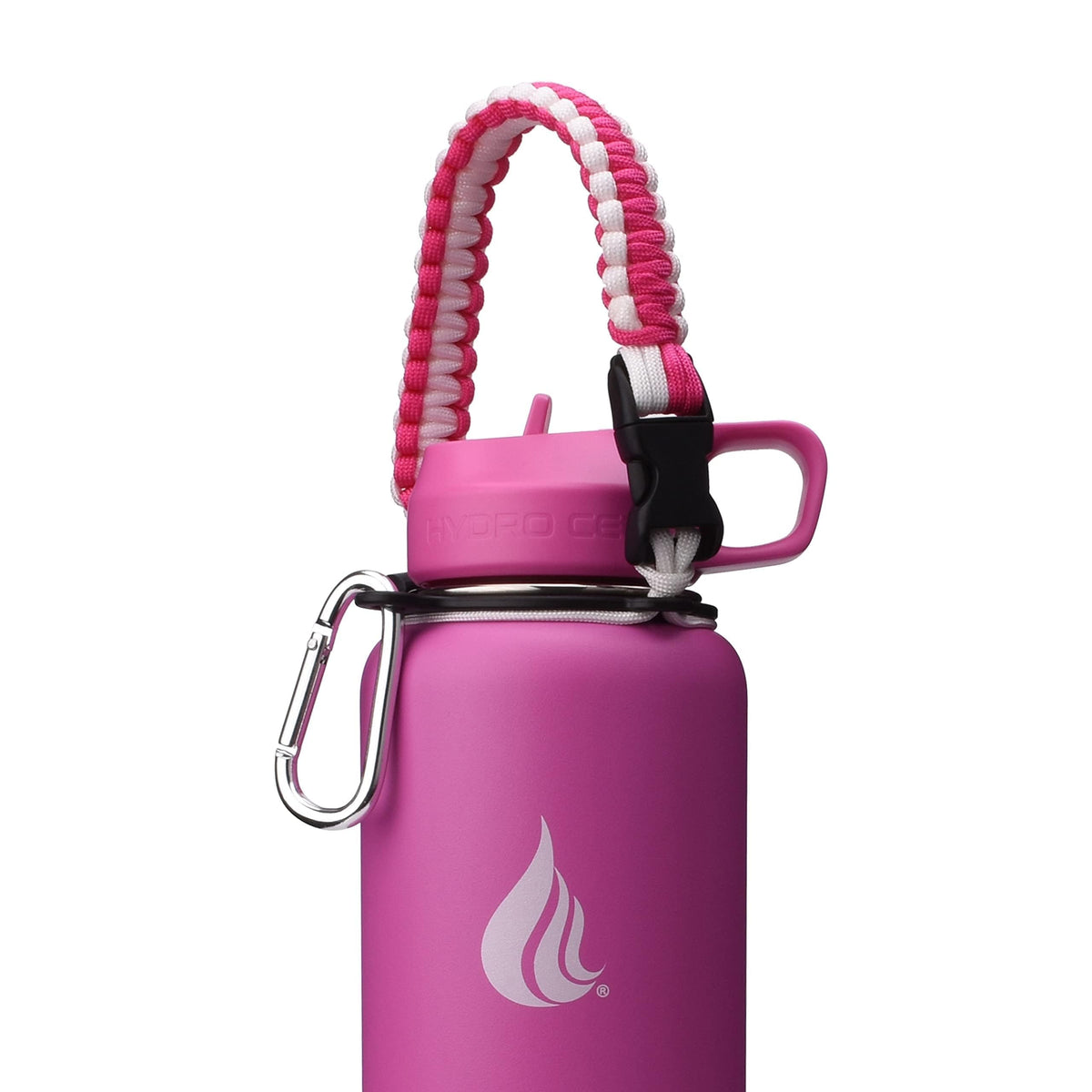 HYDRO CELL Paracord Handle for Wide Mouth Water Bottles - Carrier Strap w/Attachment Ring and Carabiner Accessory. Compatible w/ 64oz, 40oz 32oz, 24oz, 18oz, 14oz Insulated Bottles (Fuchsia/White)