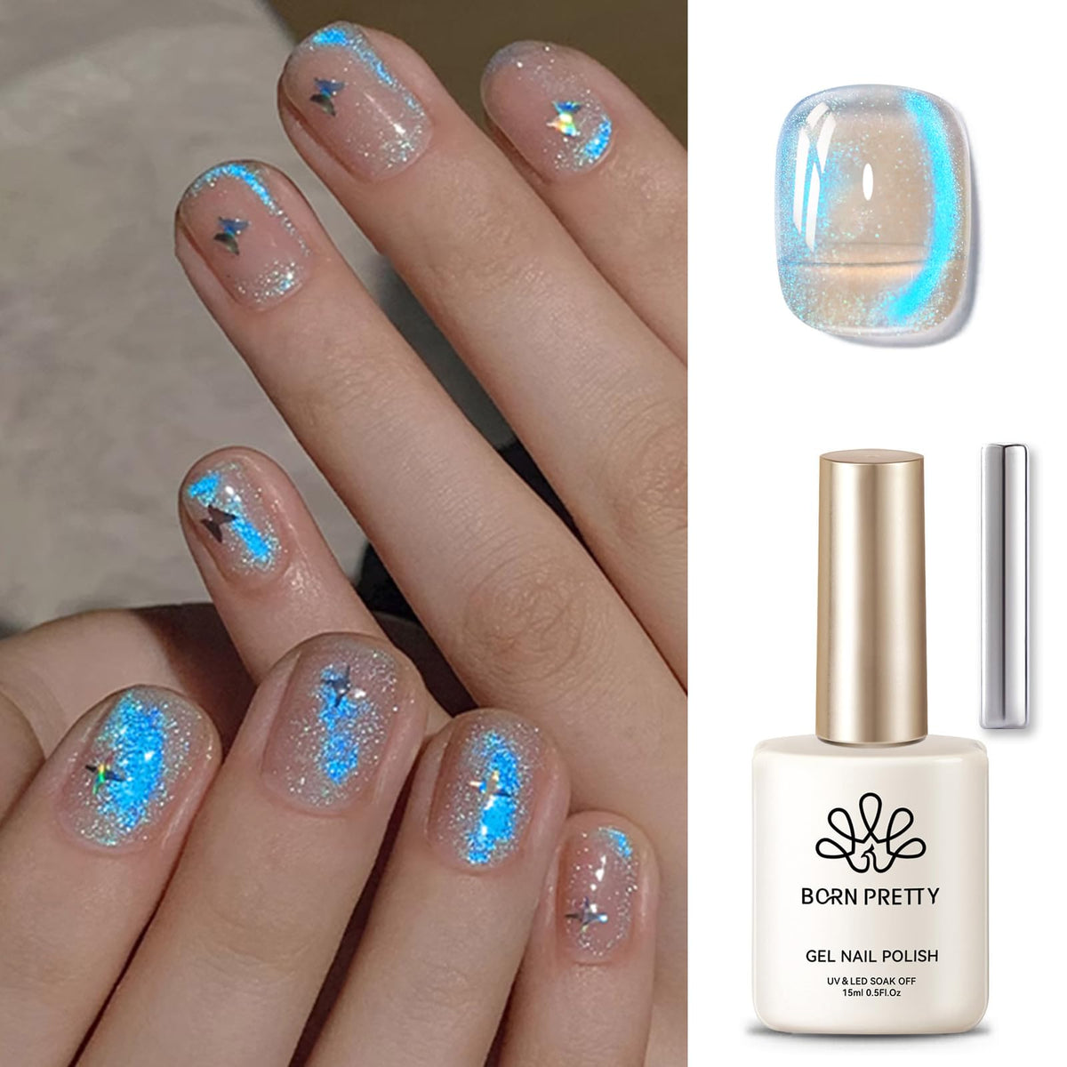 Born Pretty Cat Magnetic Eye Gel Nail Polish, Blue Auroras Cat Magnetic Gel, Mermaid Shiny Effect Pink Soak Off Nail Art Salon Manicure Home Gift 15ml