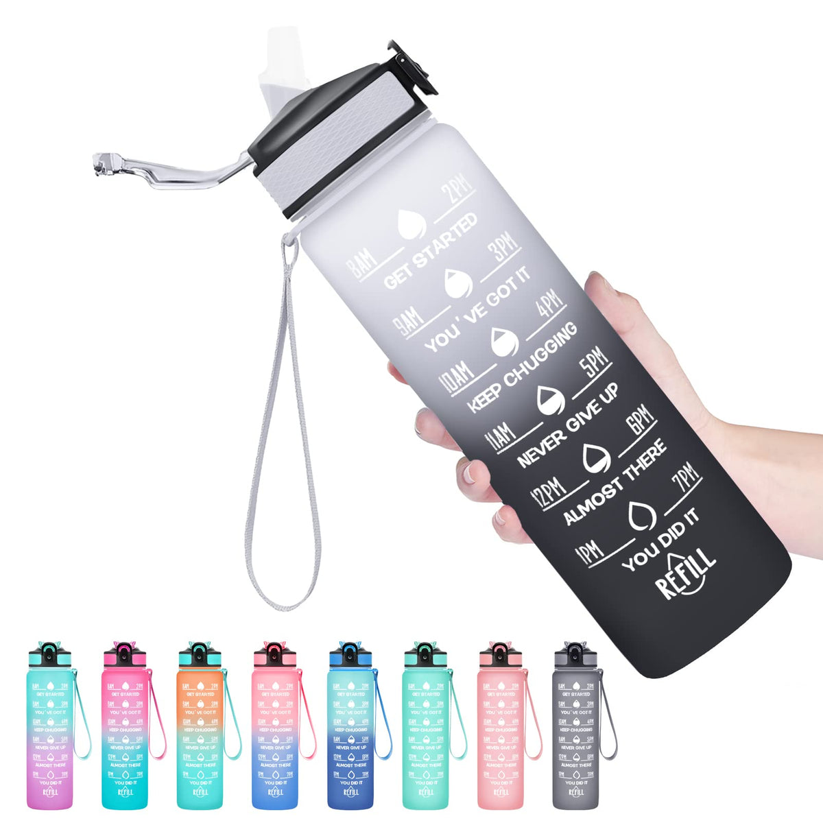 Hyeta 32 oz Water Bottles with Times to Drink and Straw, Motivational Water Bottle with Time Marker, Leakproof, Drinking Sports Water Bottle for Fitness, Gym and Outdoor
