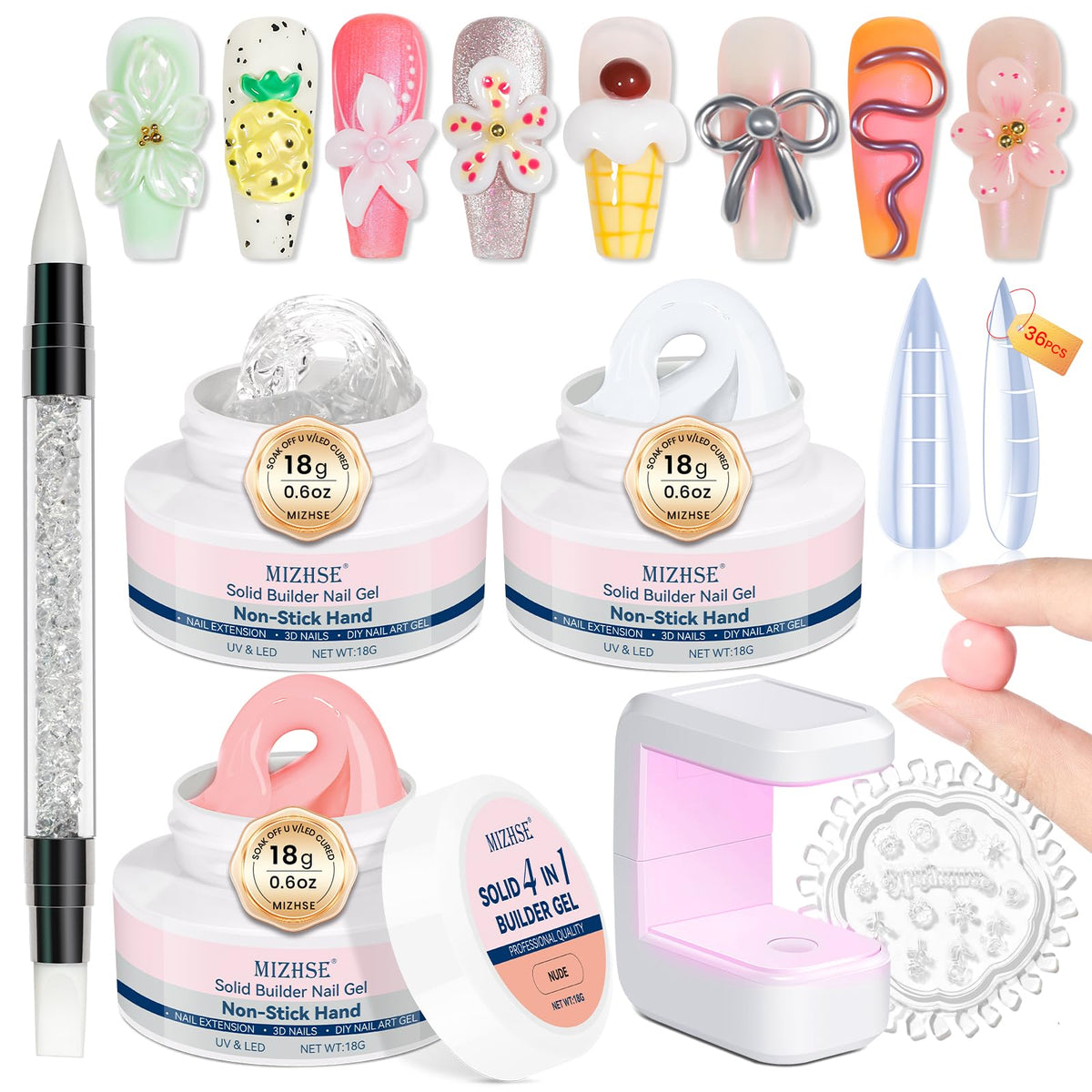 MIZHSE Solid Builder Gel Nail Kit with Nail Lamp, 3 Colors Builder Gel Clear Milky White Nude Hard Sculpting 3D Art U V LED Gels with Dual Form