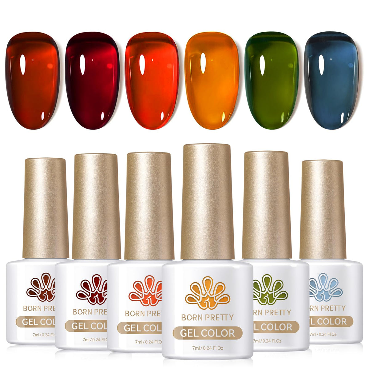 Born Pretty Jelly Gel Nail Polish, Sheer Transparent Crystal Gel Nail Polish, Christmas Brown Red Orange Green Blue Fall Winter Soak off Nail Polish Manicure DIY Home Salon Christmas Gift 7ml 6colors