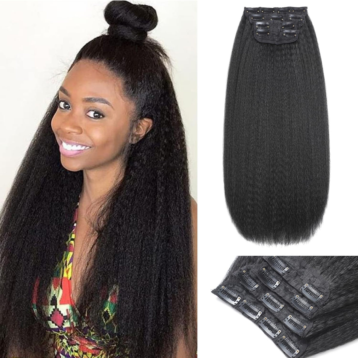 20 Inch Kinky Straight Clip ins Hair Extensions 4 Pieces 11 Clips 130g Yaki Straight Clip in Hair for Black Women Full Head Yaki Straight Seamless Clip in Synthetic Hair Natural Black