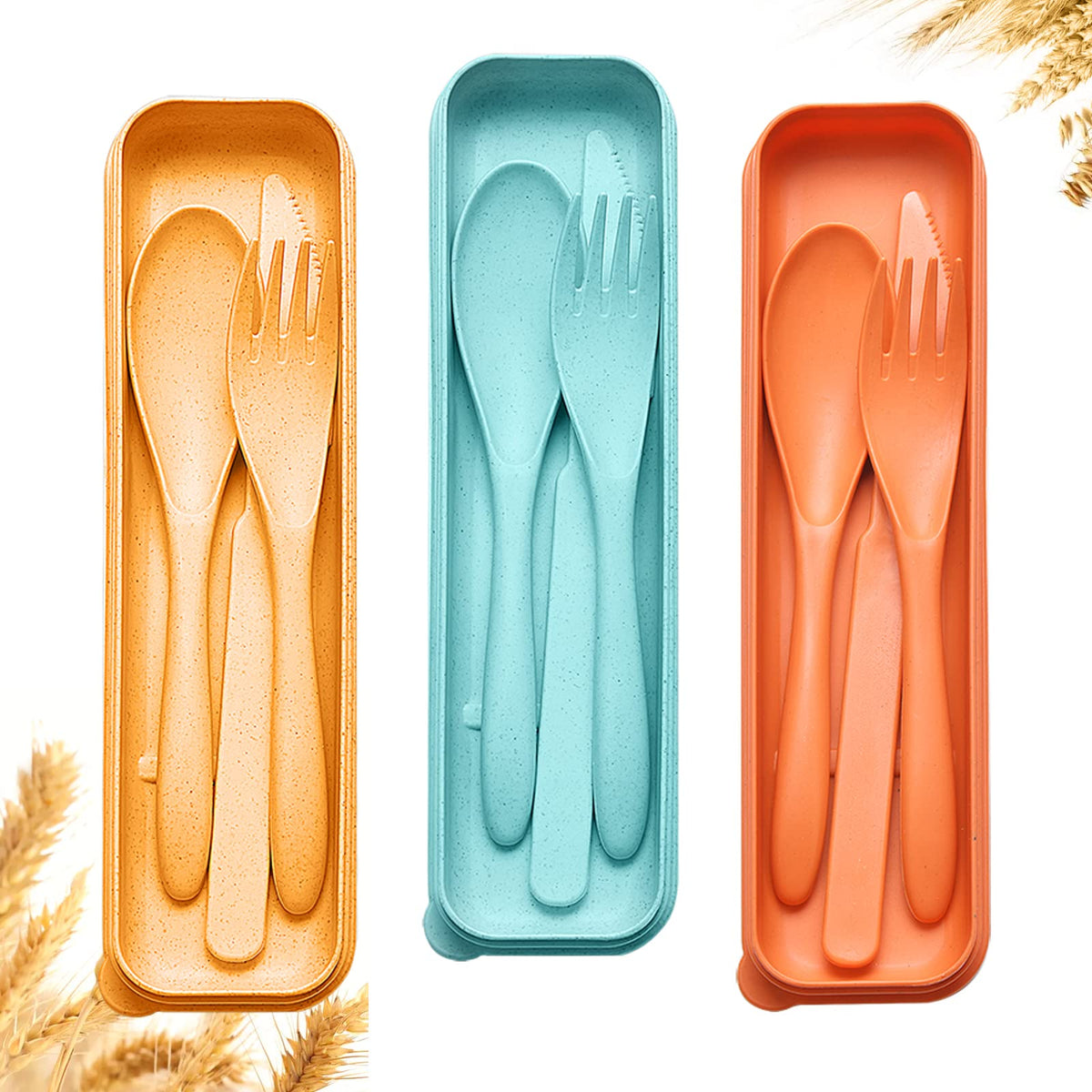 Reusable Travel Utensils Set with Case, 3 Sets Wheat Straw Portable Knife Fork Spoons Cutlery, Eco-Friendly BPA Free Plastic Tableware for Kids Adults Travel Picnic Camping Utensils